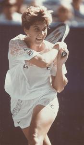 Monica Seles (Yugoslavian) action shot from US Open Semifinal, 1991 when she defeated Jennifer Capriati (American) 6-3 3-6 7-6.